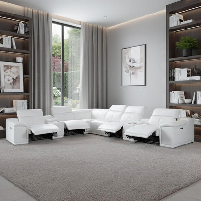 White Italian Leather Power Reclining U Shaped Eight Piece Corner Sectional With Console HomeRoots