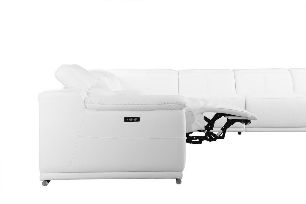 White Italian Leather Power Reclining U Shaped Eight Piece Corner Sectional With Console HomeRoots