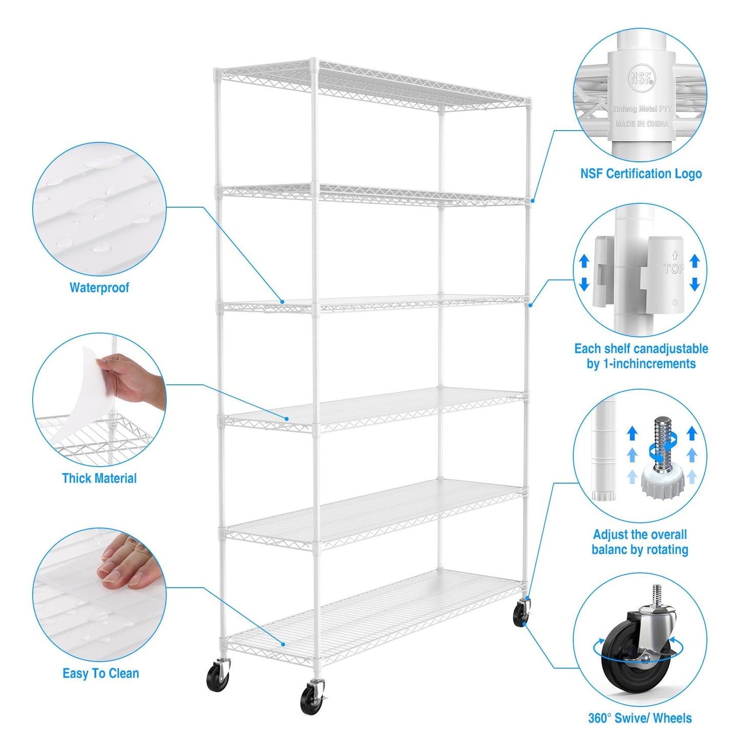 6 Tier Wire Shelving Unit 6000 LBS NSF Height Adjustable Metal Garage Storage Shelves with Wheels White - FurniFindUSA