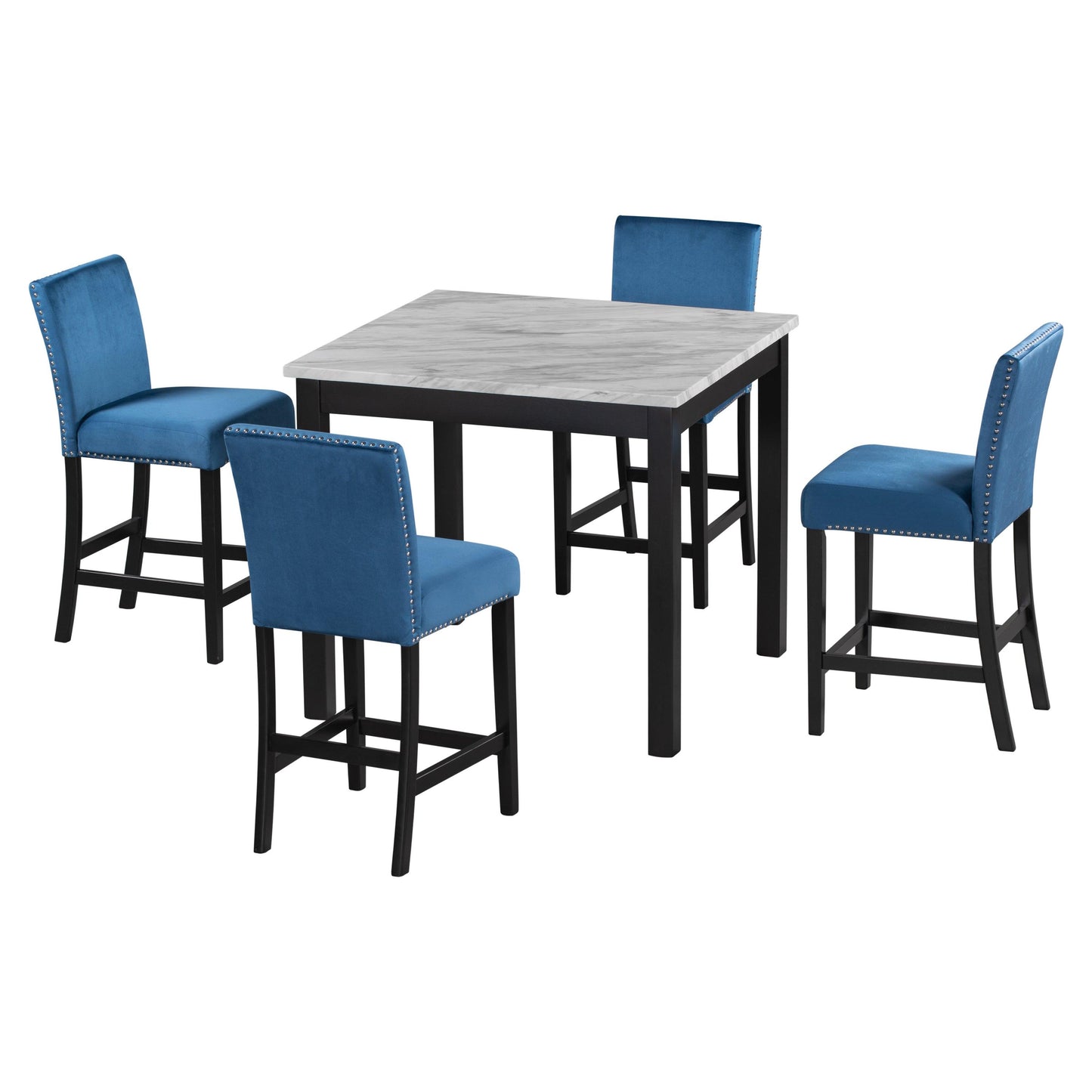 5-piece Counter Height Dining Table Set with One Faux Marble Dining Table and Four Upholstered-Seat Chairs Blue - FurniFindUSA