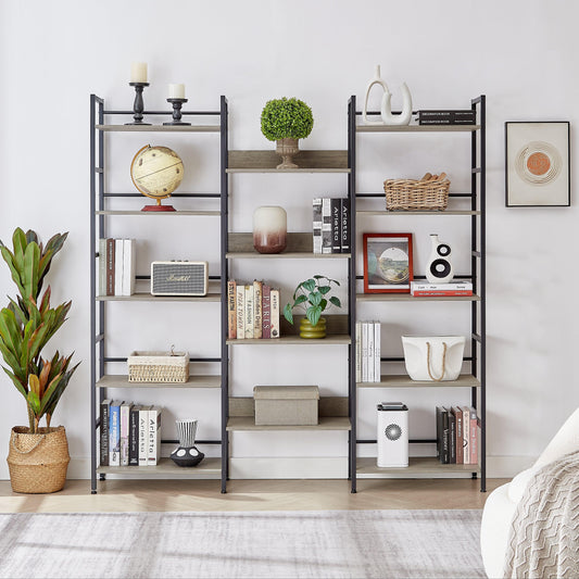 Triple Wide 5-shelf Bookshelves Industrial Retro Wooden Style Home and Office Large Open Bookshelves Grey - FurniFindUSA