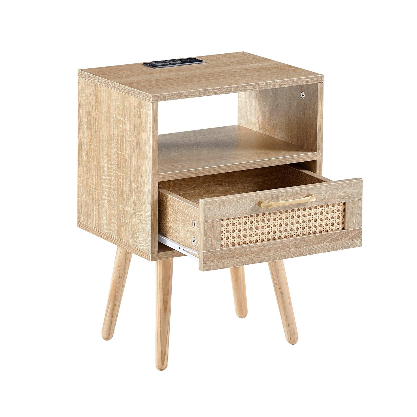 15.75" Rattan End table with Power Outlet & USB Ports Modern nightstand with drawer and solid wood legs - FurniFindUSA