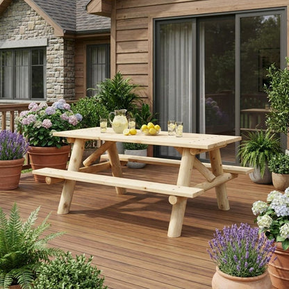70" Natural Solid Wood Outdoor Picnic Table HomeRoots