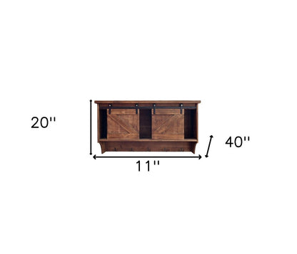 40" Brown Wood Five Hook Shelf With Barn Door Storage HomeRoots