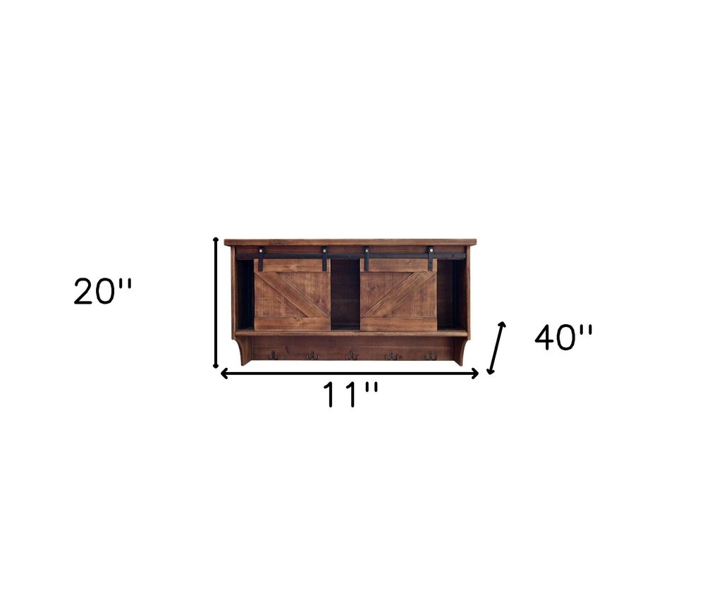 40" Brown Wood Five Hook Shelf With Barn Door Storage HomeRoots