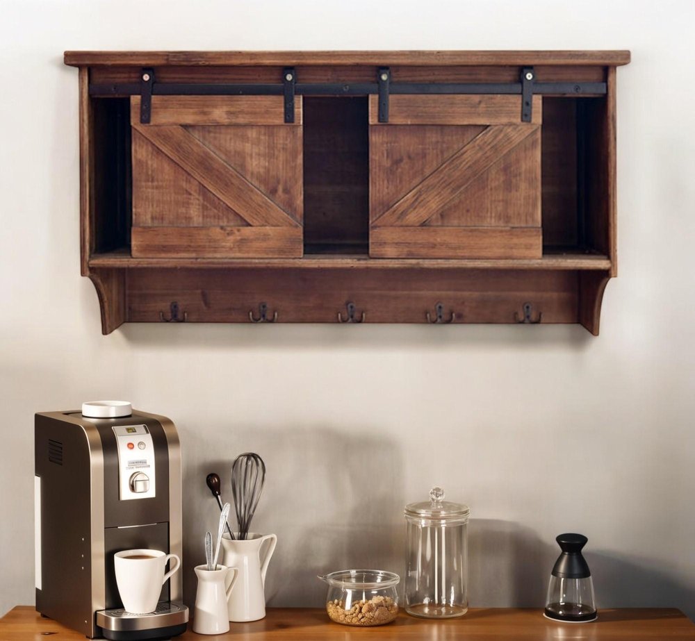 40" Brown Wood Five Hook Shelf With Barn Door Storage HomeRoots
