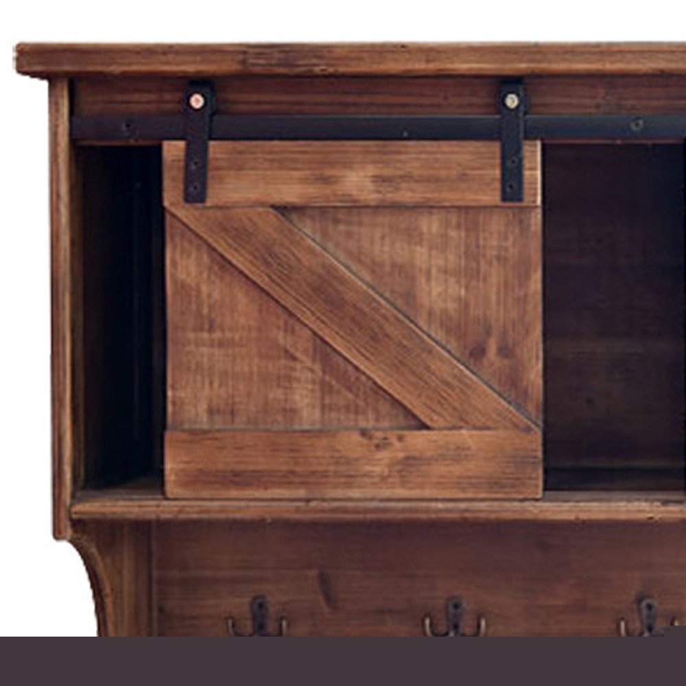40" Brown Wood Five Hook Shelf With Barn Door Storage HomeRoots