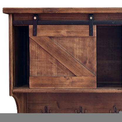 40" Brown Wood Five Hook Shelf With Barn Door Storage HomeRoots