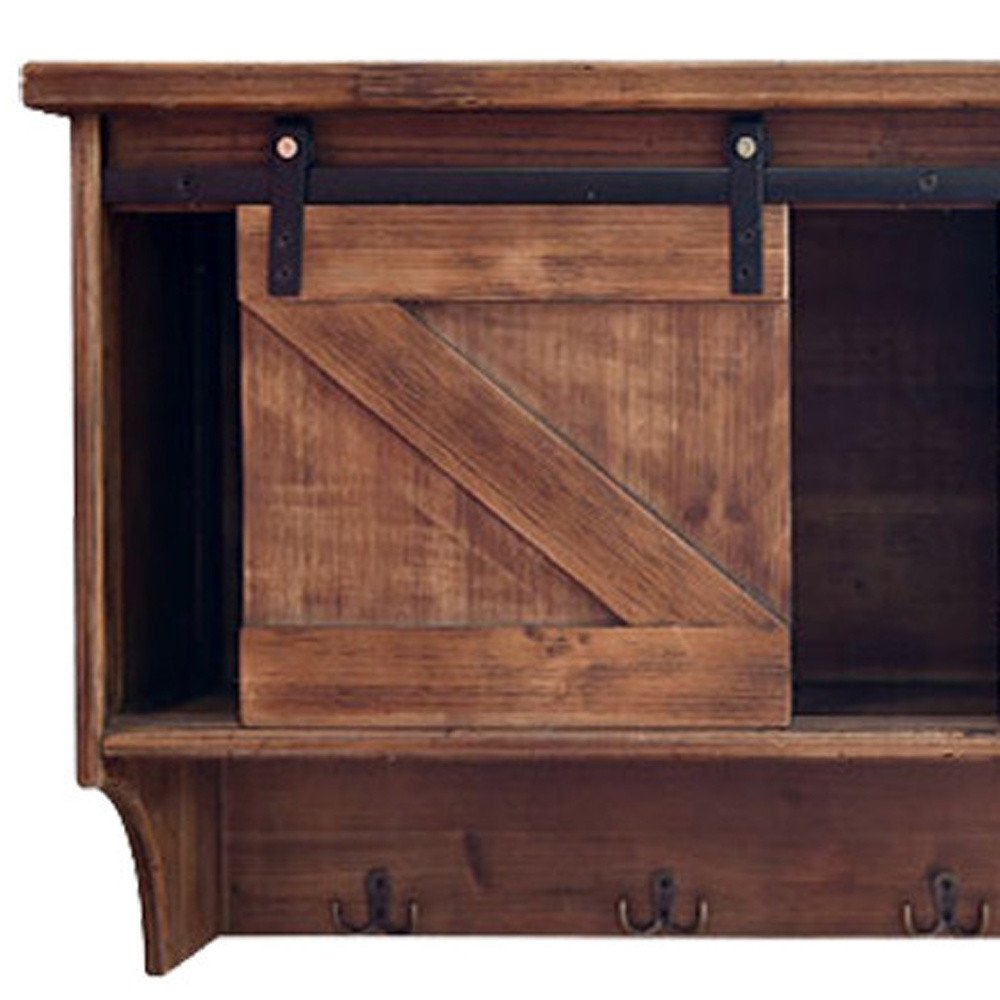 40" Brown Wood Five Hook Shelf With Barn Door Storage HomeRoots