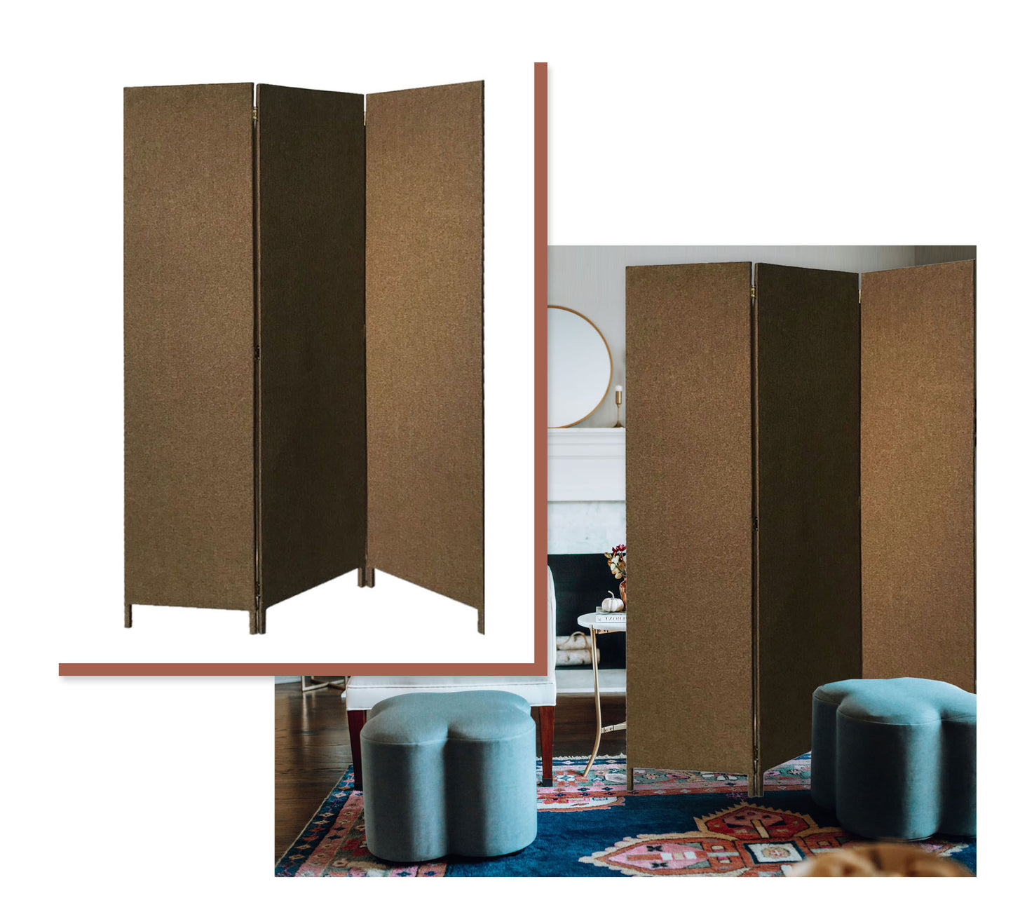 Beige Upholstered 3 Panel Room Divider Screen