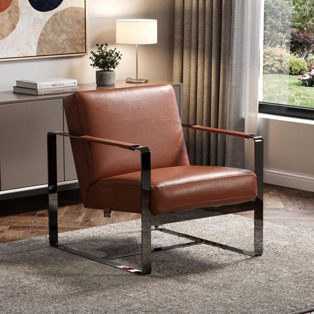 28" Camel And Black Genuine Leather Arm Chair HomeRoots