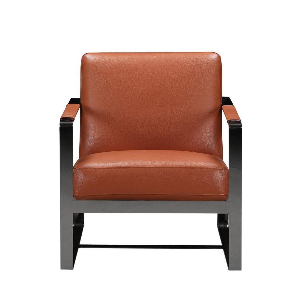 28" Camel and Black Italian Leather and Metal Arm Chair HomeRoots