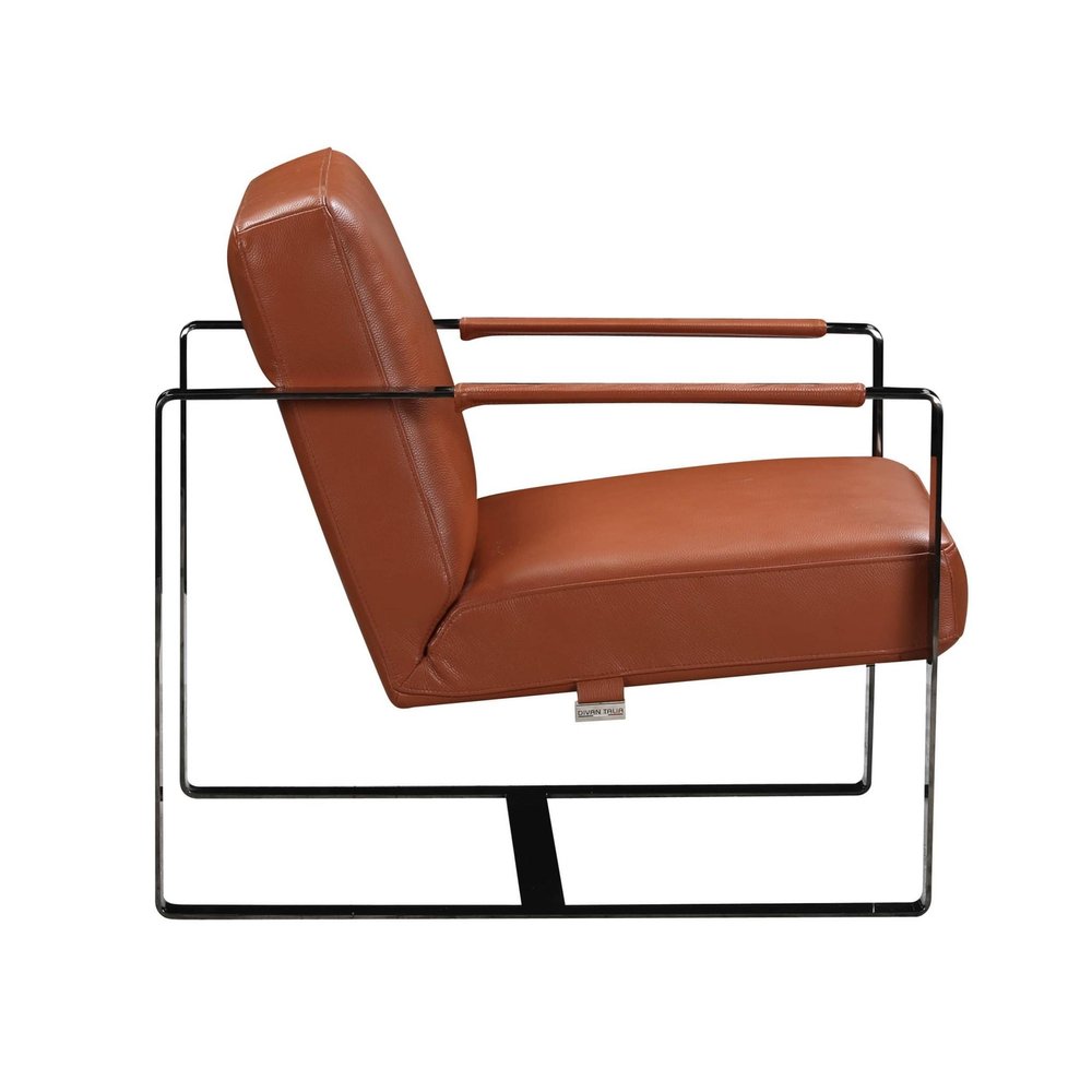 28" Camel and Black Italian Leather and Metal Arm Chair HomeRoots