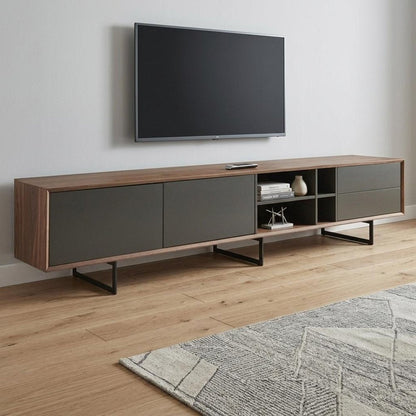 94" Gray Solid and Manufactured Wood Enclosed and Open Storage TV Stand HomeRoots