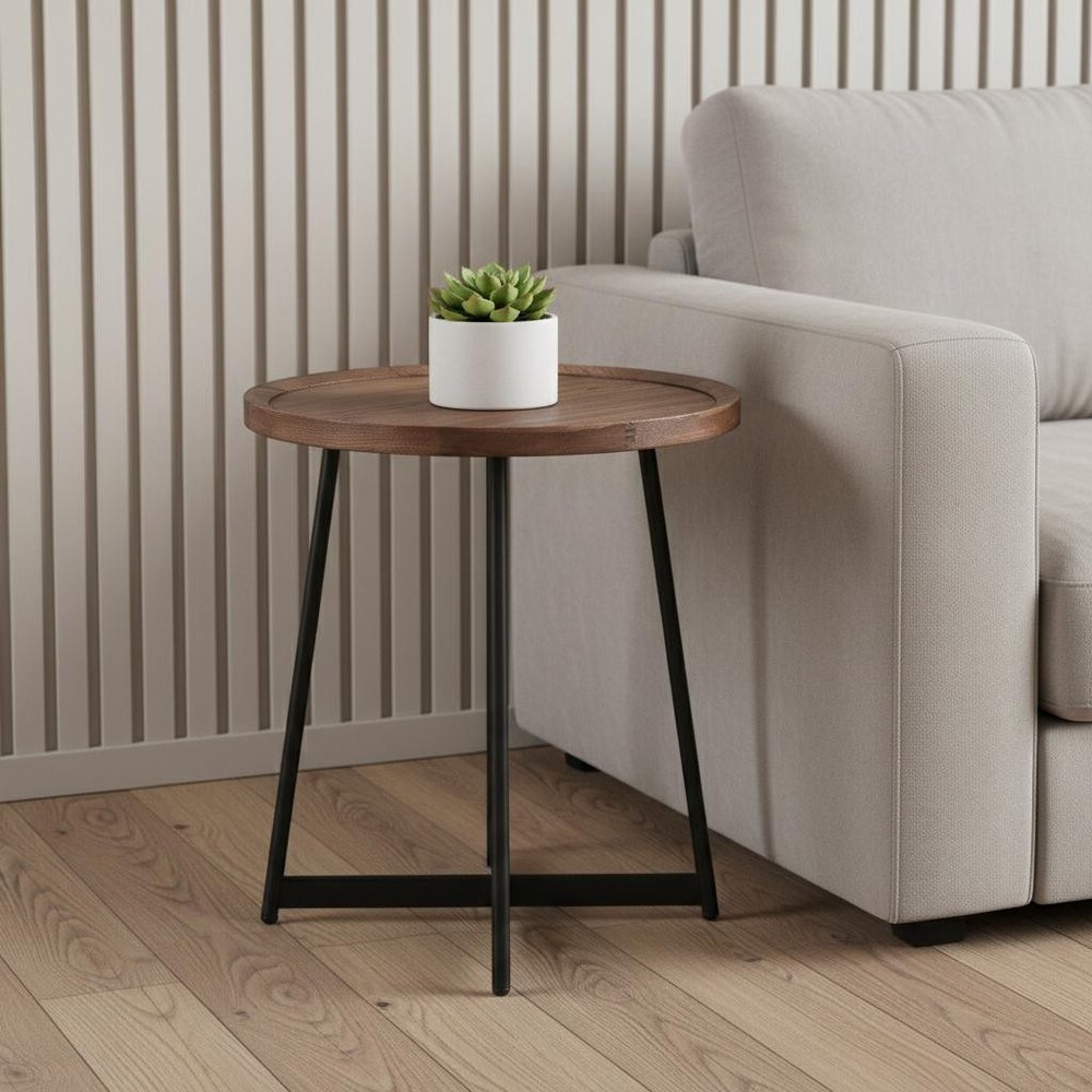 22" Brown and Black Wood and Steel Round Cross Legs End Table HomeRoots