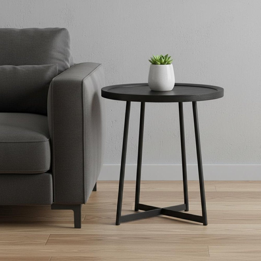 22" Matte Black Wood and Steel Round Cross Legs End Table HomeRoots