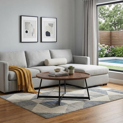 35" Brown and Black Wood And Metal Round Frame Coffee Table HomeRoots