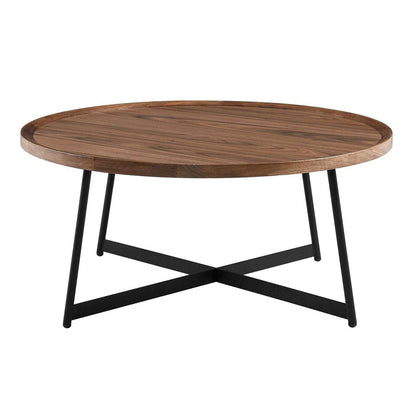 35" Brown and Black Wood And Metal Round Frame Coffee Table HomeRoots