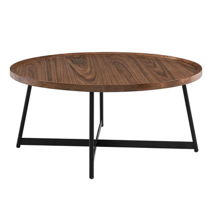 35" Brown and Black Wood And Metal Round Frame Coffee Table HomeRoots