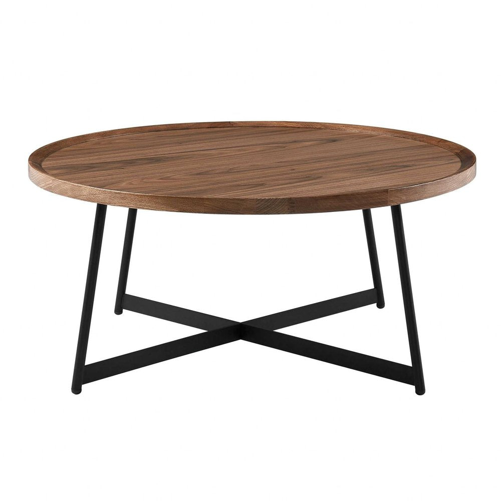 35" Brown and Black Wood And Metal Round Frame Coffee Table HomeRoots