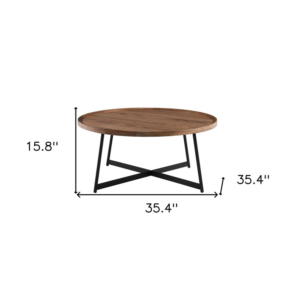 35" Brown and Black Wood And Metal Round Frame Coffee Table HomeRoots