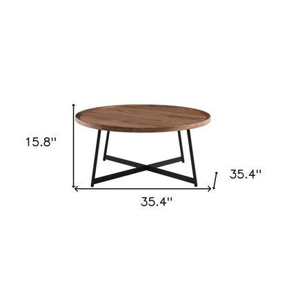 35" Brown and Black Wood And Metal Round Frame Coffee Table HomeRoots