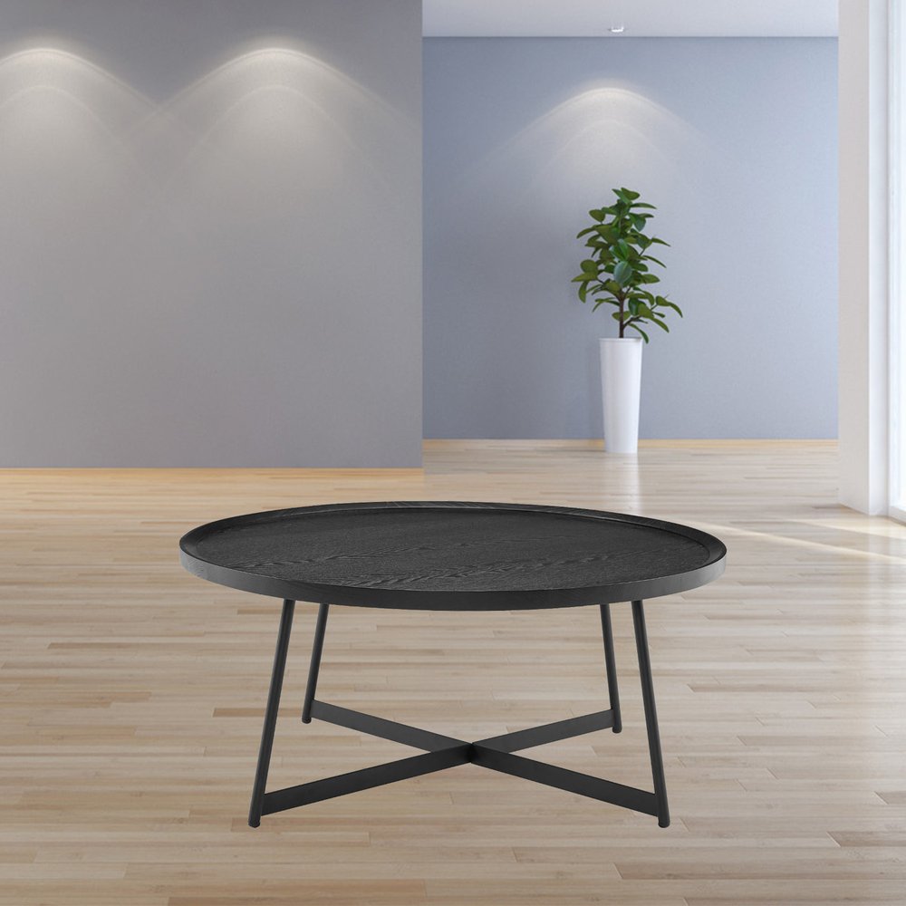 35" Black Wood And Metal Round Frame Coffee Table HomeRoots