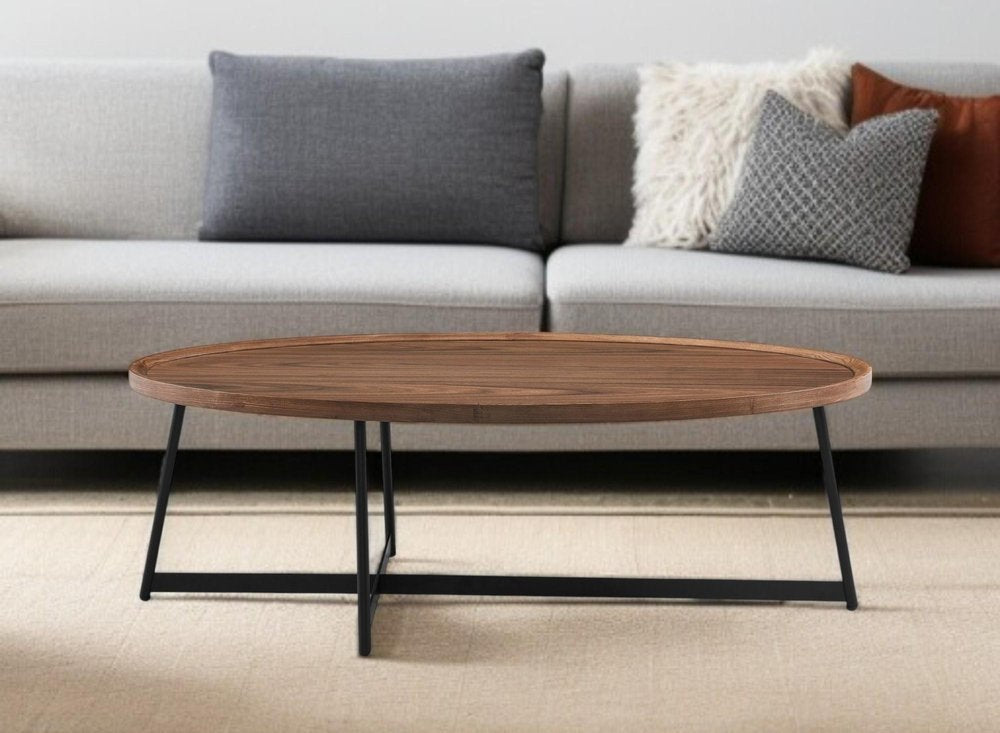 24" Brown and Black Wood And Metal Oval Frame Coffee Table HomeRoots
