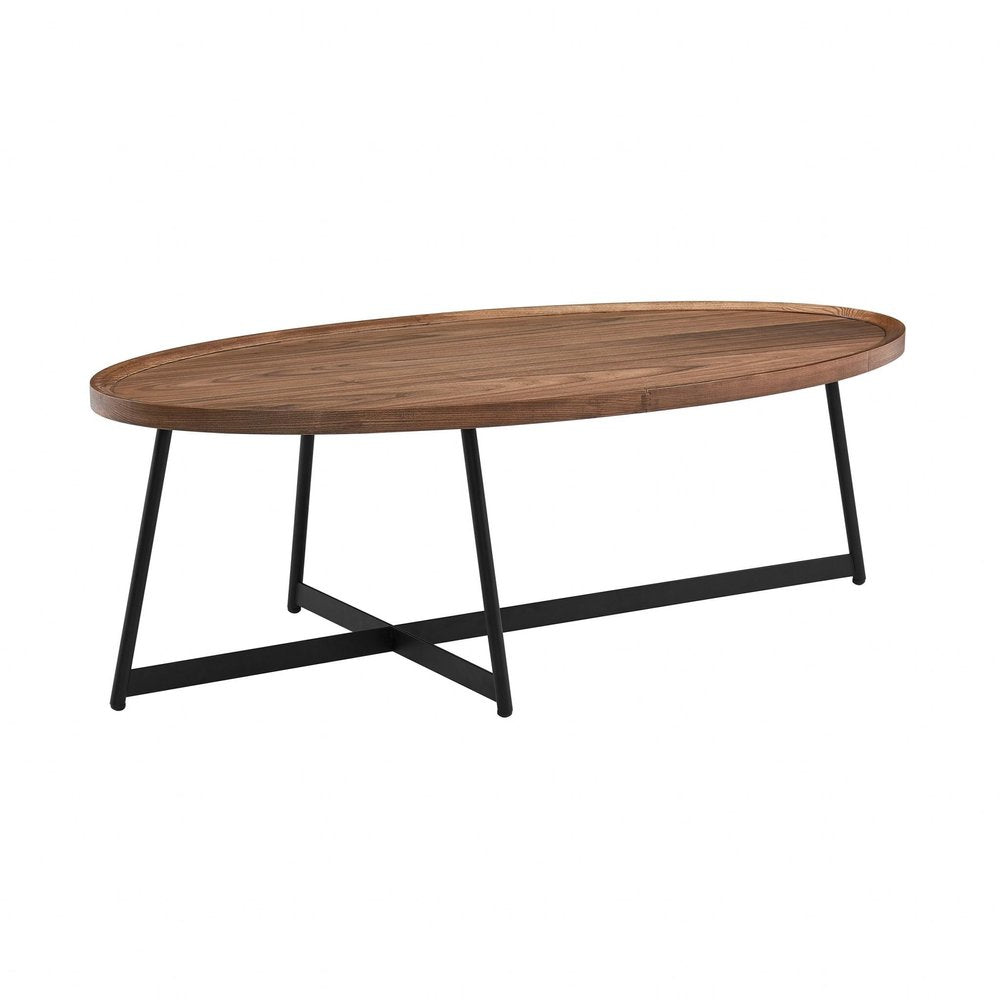 24" Brown and Black Wood And Metal Oval Frame Coffee Table HomeRoots