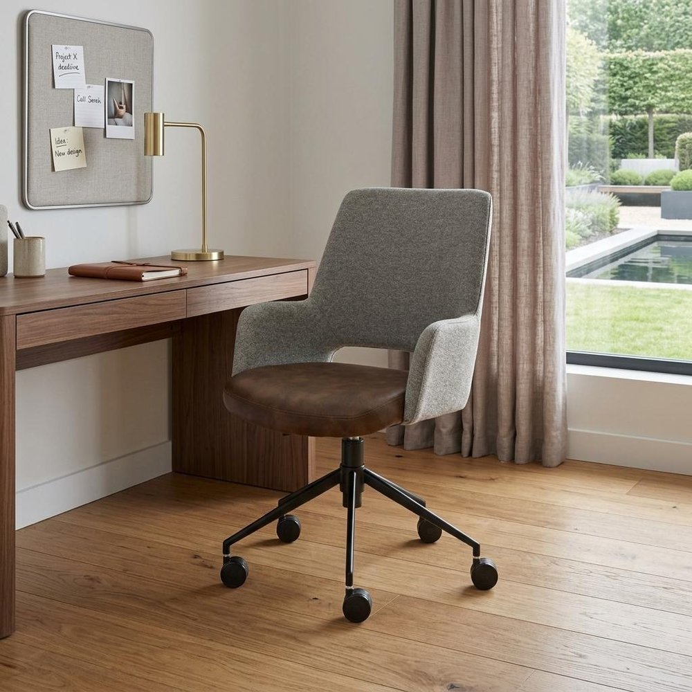 Gray Brown and Black Adjustable Swivel Fabric Rolling Office Chair HomeRoots