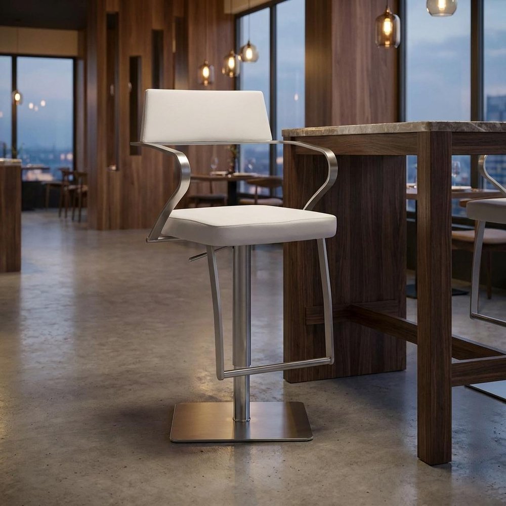 White And Silver Faux Leather And Steel Bar Chair HomeRoots