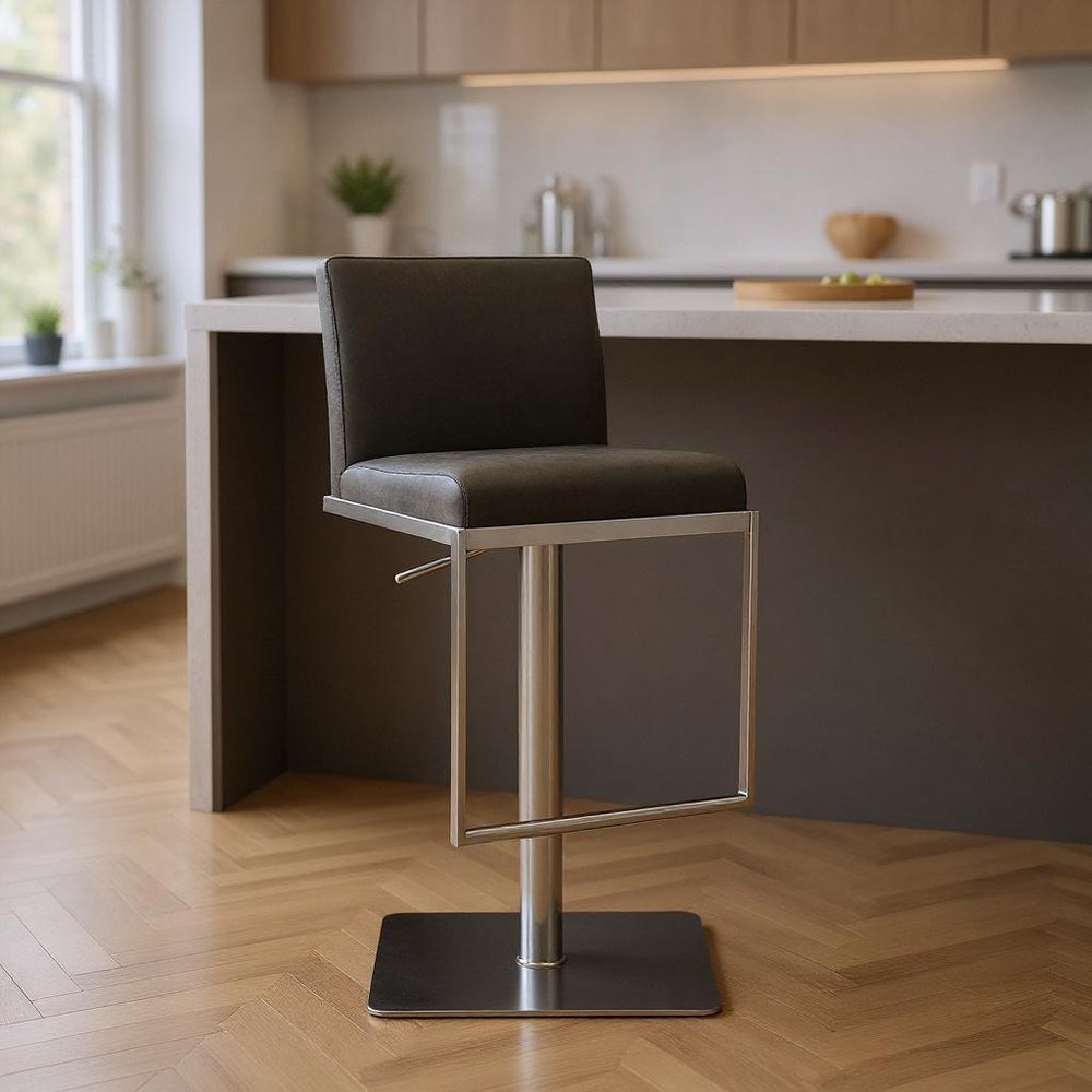 Dark Gray and Silver Faux Leather And Steel Adjustable Bar Chair HomeRoots