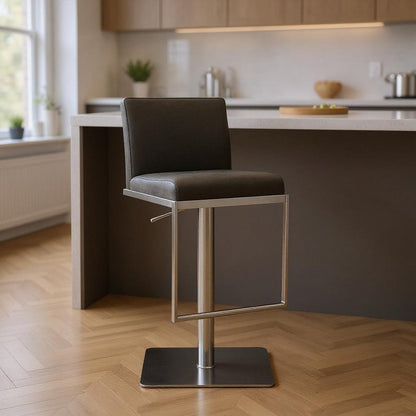 Dark Gray and Silver Faux Leather And Steel Adjustable Bar Chair HomeRoots