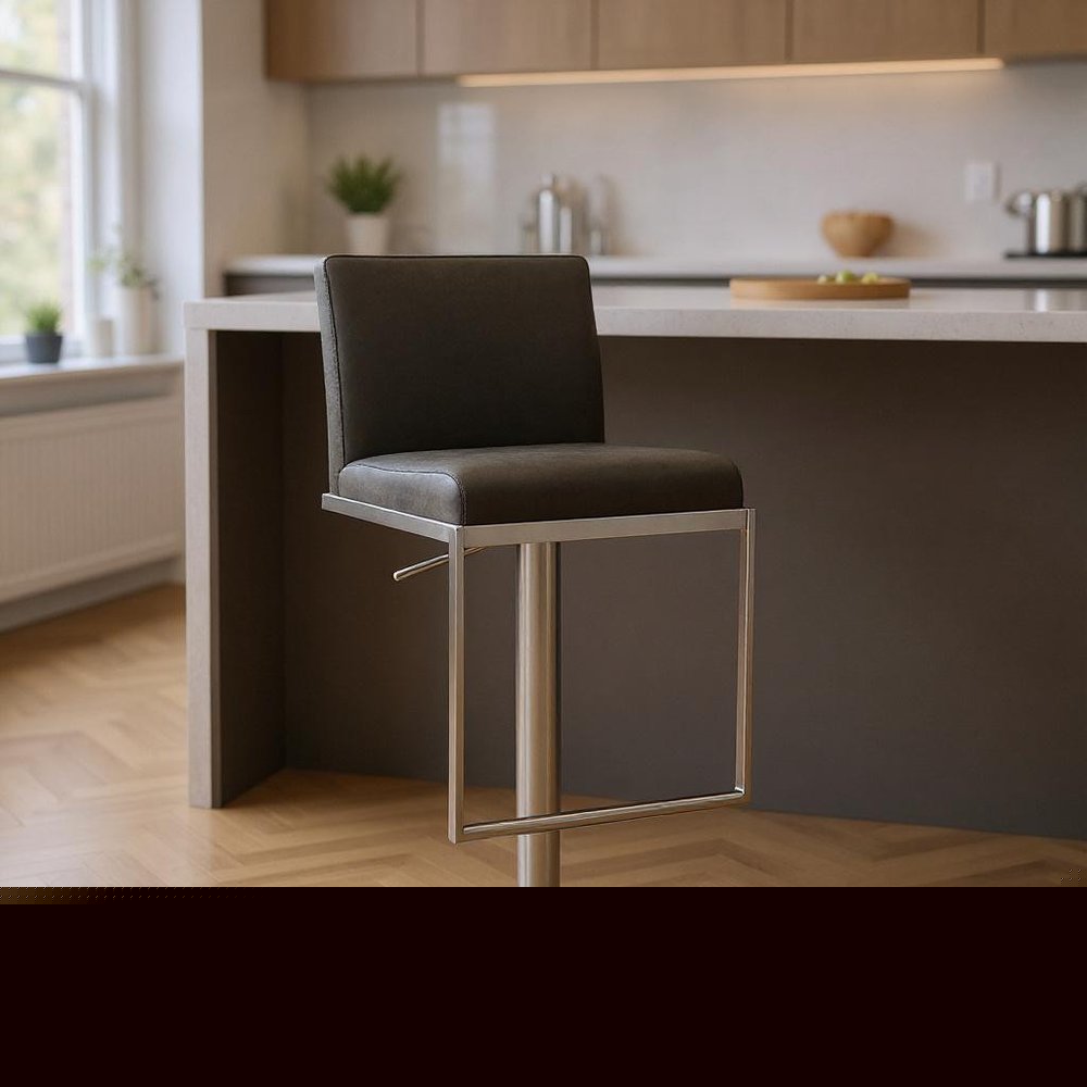 Dark Gray and Silver Faux Leather And Steel Adjustable Bar Chair HomeRoots
