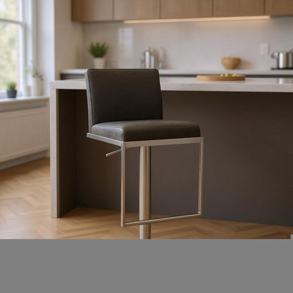 Dark Gray and Silver Faux Leather And Steel Adjustable Bar Chair HomeRoots