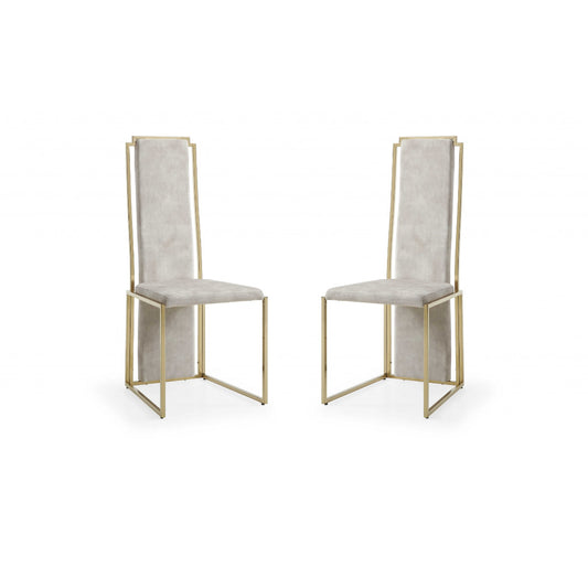 Set Of 2 Ultra Modern Beige Suede And Gold Dining Chairs - FurniFindUSA