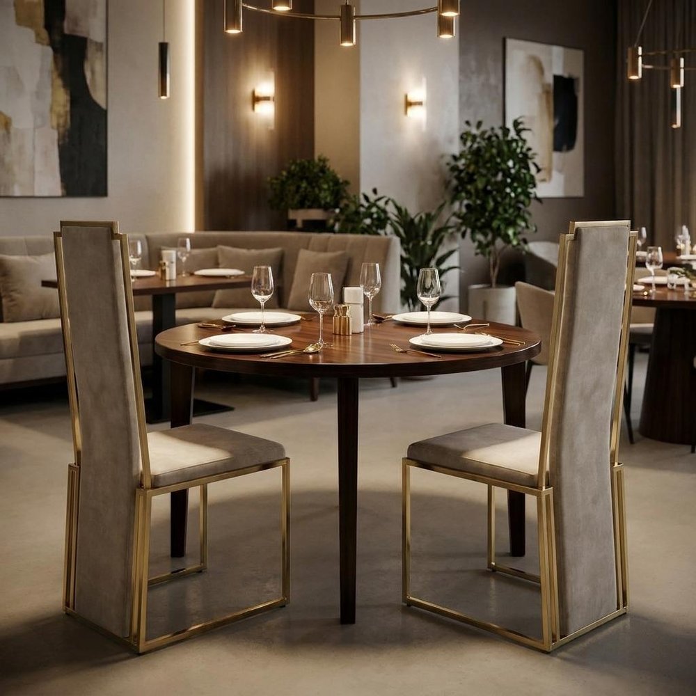 Set of Two Beige and Gold Upholstered Dining Side Chairs HomeRoots