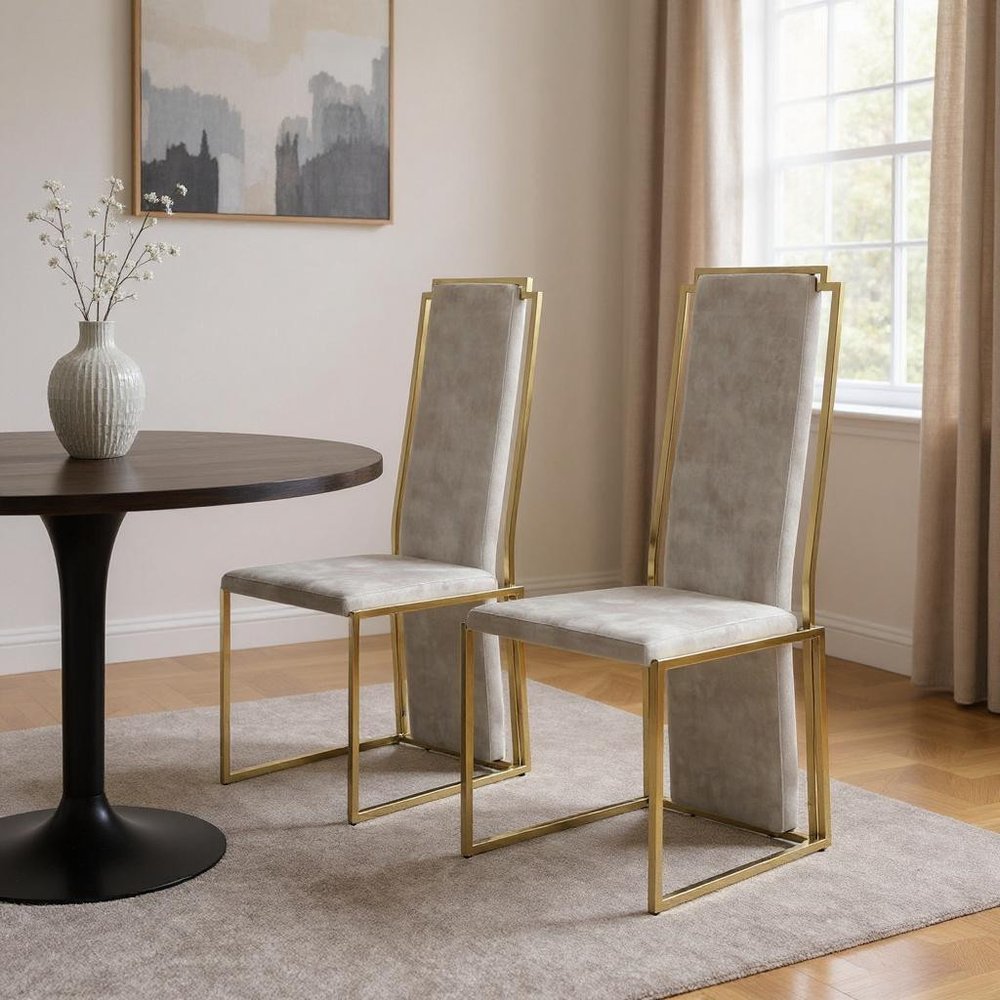 Set of Two Beige and Gold Upholstered Dining Side Chairs HomeRoots