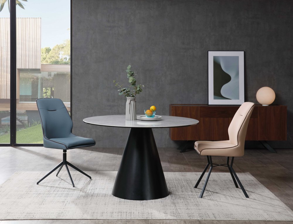 47" Gray Rounded Stone And Iron Pedestal Base Dining Table HomeRoots