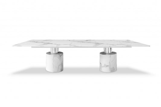 120" White Marble Double Pedestal Base Dining Table