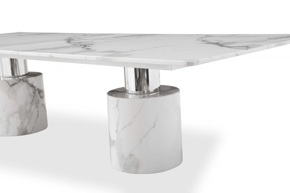 120" White Marble Double Pedestal Base Dining Table HomeRoots