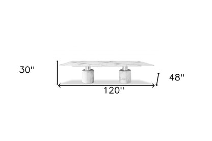 120" White Marble Double Pedestal Base Dining Table