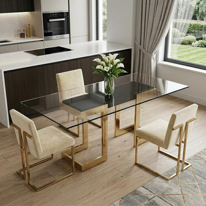 87" Clear And Gold Glass And Stainless Steel Double Pedestal Base Dining Table HomeRoots