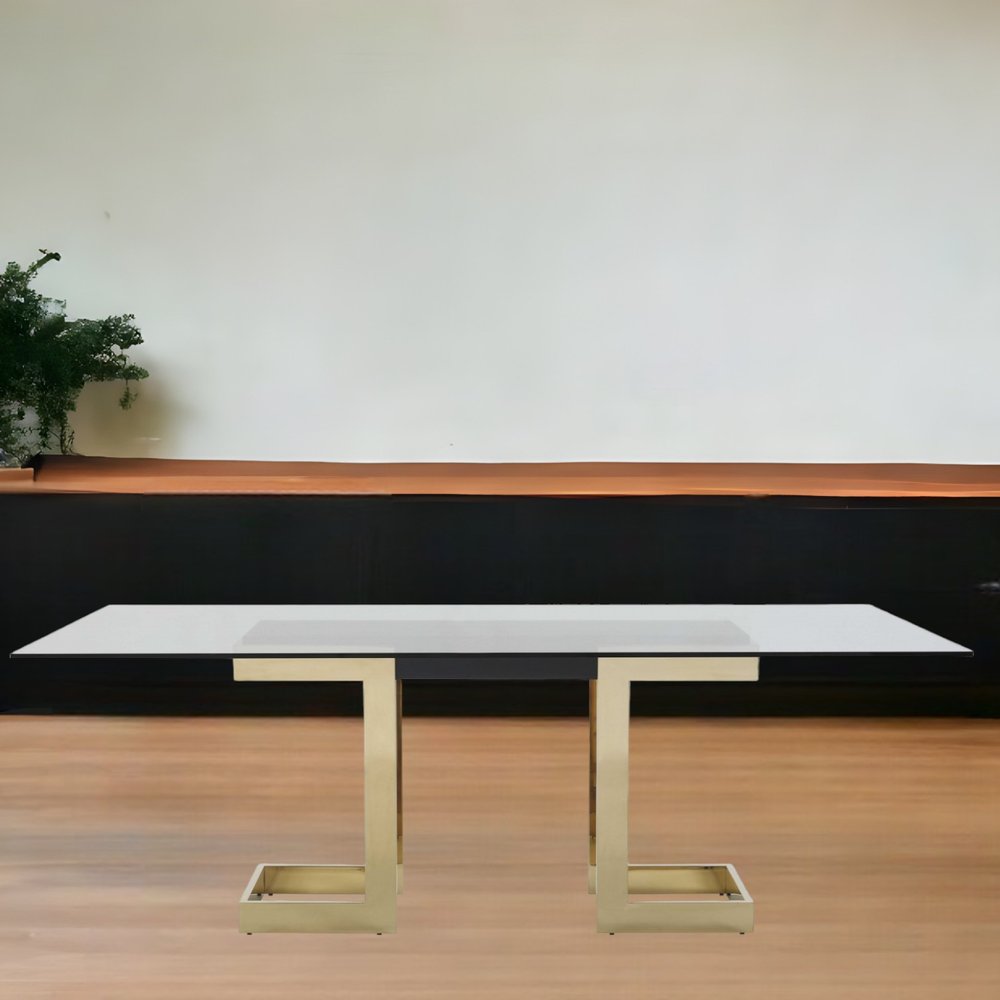 87" Clear And Gold Glass And Stainless Steel Double Pedestal Base Dining Table HomeRoots