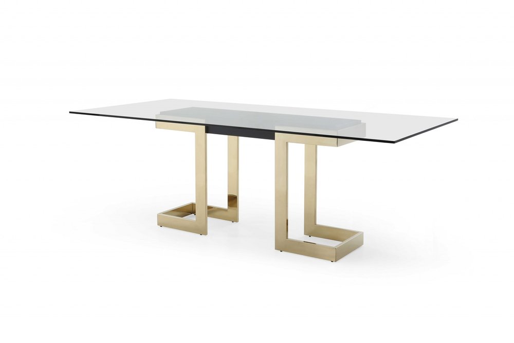 87" Clear And Gold Glass And Stainless Steel Double Pedestal Base Dining Table HomeRoots