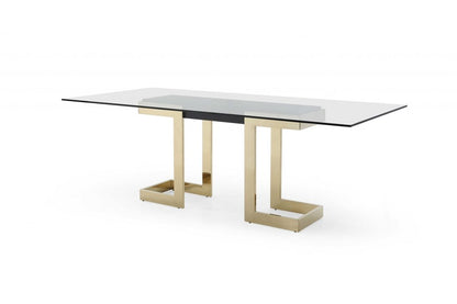 87" Clear And Gold Glass And Stainless Steel Double Pedestal Base Dining Table HomeRoots