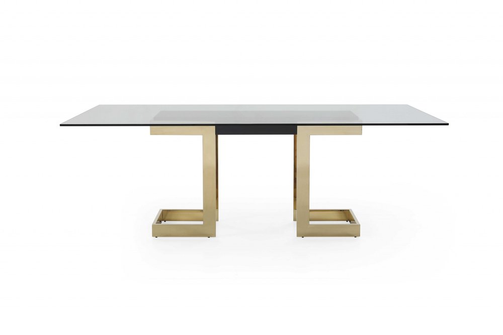 87" Clear And Gold Glass And Stainless Steel Double Pedestal Base Dining Table HomeRoots