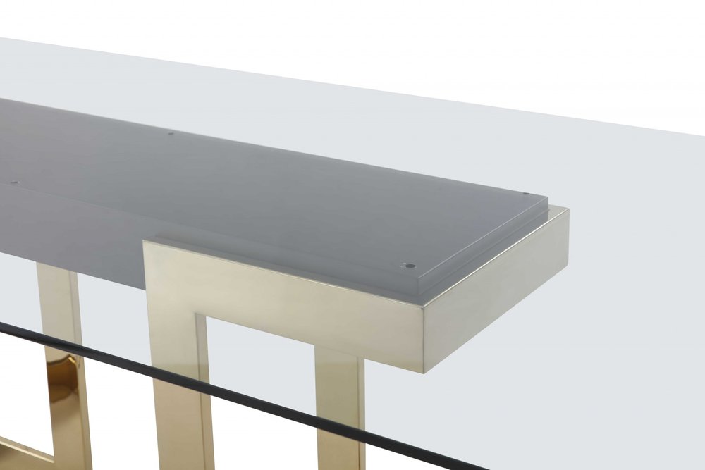 87" Clear And Gold Glass And Stainless Steel Double Pedestal Base Dining Table HomeRoots