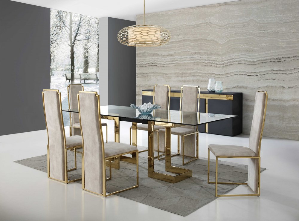 87" Clear And Gold Glass And Stainless Steel Double Pedestal Base Dining Table HomeRoots