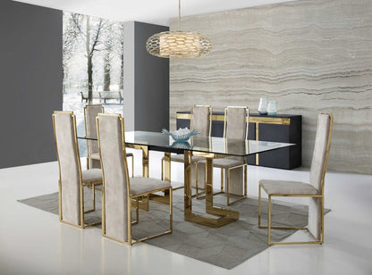 87" Clear And Gold Glass And Stainless Steel Double Pedestal Base Dining Table HomeRoots
